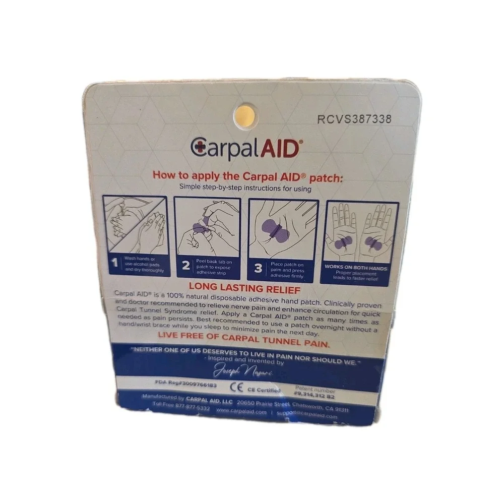 Carpal AID Box of 6 Patches for All Size Hands Aid for Carpal Tunnel Relief